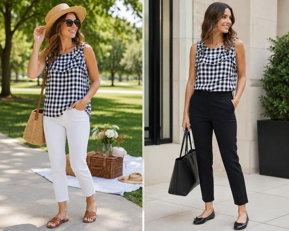 LOFT Outlet Women XS Sleeveless Blouse Gingham Plaid Ruffle Black White Tank Top